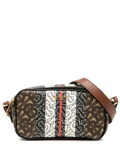 Pre-owned Burberry 2018-2023 Tb Monogram E-canvas Stripe Camera Bag Crossbody Bag In Brown