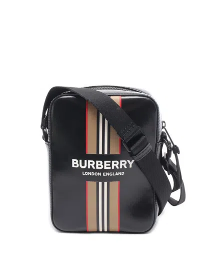 Pre-owned Burberry 2018-2025 Coated Canvas Striped Thornton Crossbody Bag In Black