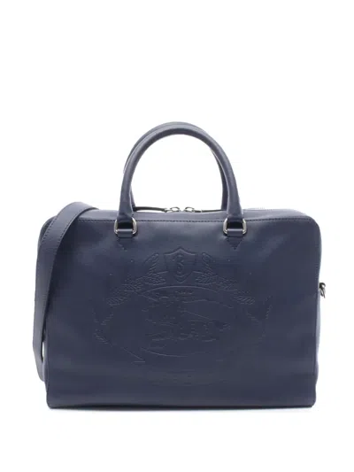 Pre-owned Burberry 2018-2025 Embossed Leather Logo Business Bag In Blue