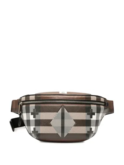 Pre-owned Burberry 2018-2025 Geometric Check Coated Canvas Bum Bag Belt Bag In Brown