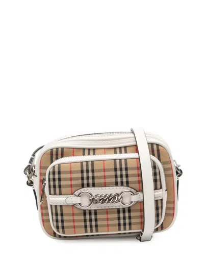 Pre-owned Burberry 2018-2025 Haymarket Check Canvas 1983 Link Crossbody Bag In Brown