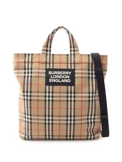 Pre-owned Burberry 2018-2025 House Check Nylon Artie Satchel In Brown