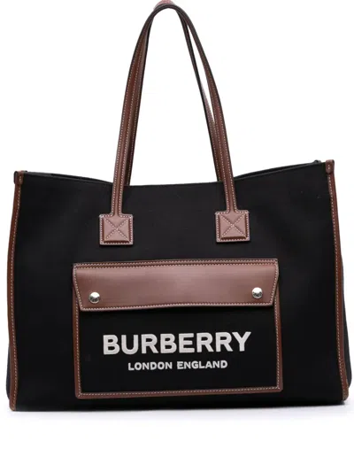 Pre-owned Burberry 2018-2025 Medium Canvas Freya Tote Bag In Black