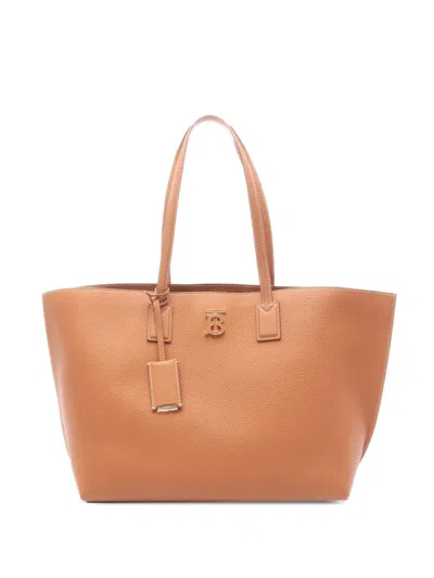 Pre-owned Burberry 2018-2025 Medium Leather Tb Monogram Tote Bag In Brown