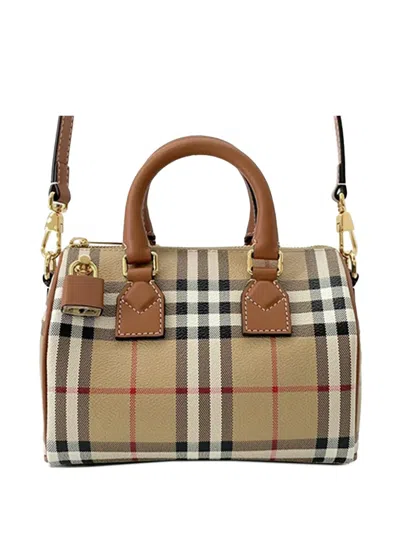 Pre-owned Burberry 2018-2025 Mini House Check Coated Canvas Bowling Bag Satchel In Brown