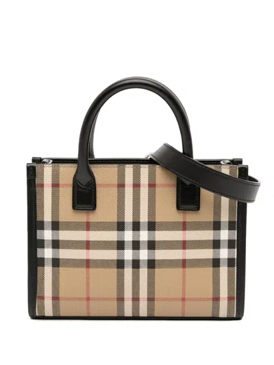 Pre-owned Burberry 2018-2025 Mini House Check Coated Canvas Denny Tote Satchel In Brown