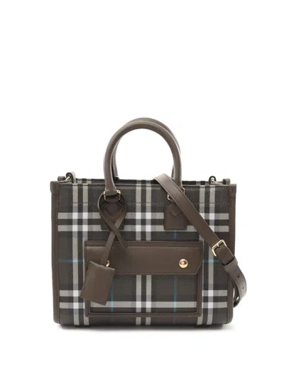 Pre-owned Burberry 2018-2025 Mini House Check Coated Canvas Freya Tote Satchel In Green