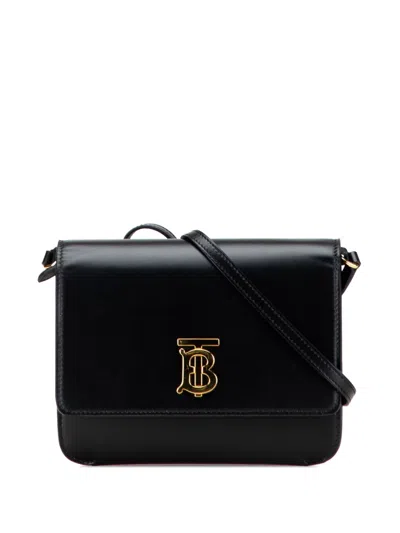 Pre-owned Burberry 2018-2025 Mini Leather Tb Monogram Flat Crossbody Bag In Black
