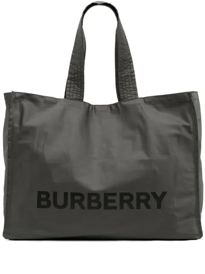 Pre-owned Burberry 2018-2023 Eco Nylon Logo Trench Tote Bag In Gray