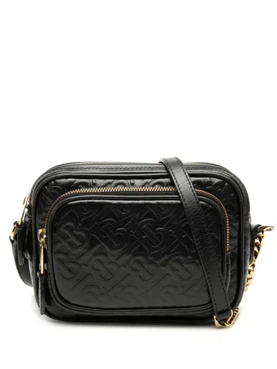 Pre-owned Burberry 2018-2023 Embossed Calfskin Tb Monogram Camera Chain Crossbody Bag In Black