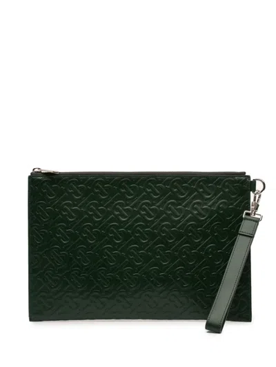 Pre-owned Burberry 2018-2023 Embossed Leather Tb Monogram Clutch Bag In Green