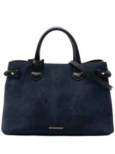 Pre-owned Burberry 2018-2023 Medium Suede And Calfskin Banner Satchel In Blue