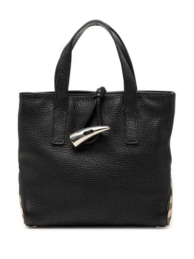 Pre-owned Burberry 2018-2023 Small House Check Trimmed Grainy Calfskin Horn Toggle Tote Bag In Black