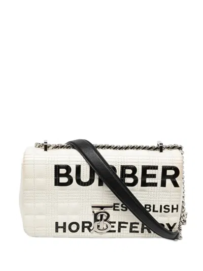 Pre-owned Burberry 2018-2023 Small Quilted Coated Canvas Horseferry Lola Shoulder Bag In White