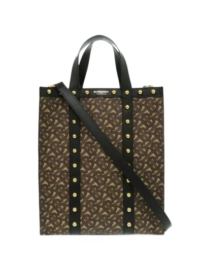 Pre-owned Burberry 2018-2023 Small Tb Monogram E Canvas And Studded Leather Vertical Tote Satchel In Brown
