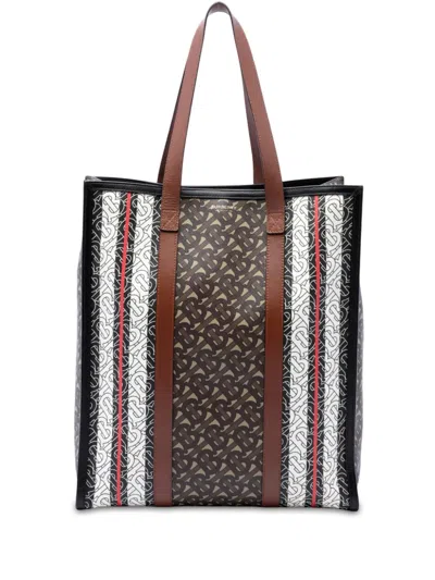Pre-owned Burberry 2018-2023 Tb Monogram E-canvas Stripe Vertical Tote Bag In Brown
