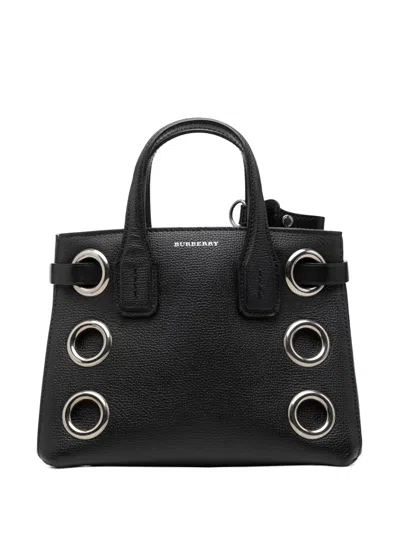 Pre-owned Burberry 2018-2026 Baby Grained Calfskin Grommet Banner Satchel In Black