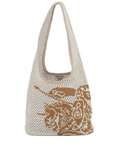Pre-owned Burberry 2018-2026 Crochet Viscose Equestrian Knight Tote Bag In Brown