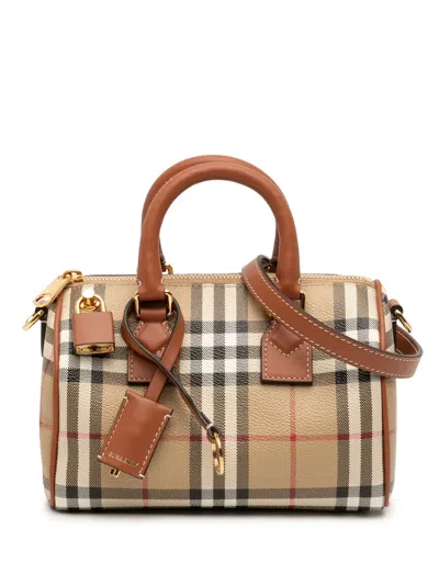 Pre-owned Burberry 2018-2026 Mini House Check Coated Canvas Bowling Bag Satchel In Brown
