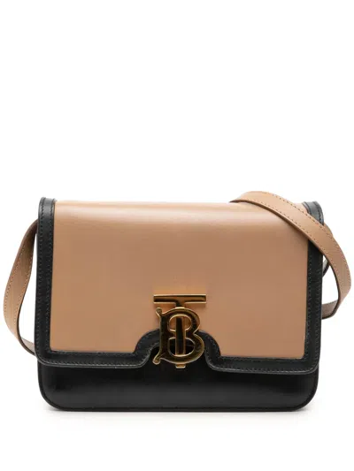Pre-owned Burberry 2018-2026 Small Bicolor Smooth Calfskin Tb Crossbody Bag In Brown
