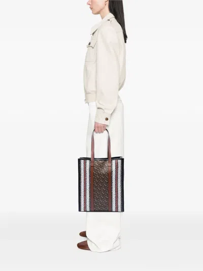 Pre-owned Burberry 2018-2026 Tb Monogram E-canvas Stripe Vertical Tote Bag In Brown