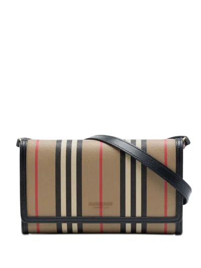 Pre-owned Burberry 2019-2023 Icon Stripe E Canvas Hannah Wallet On Strap Crossbody Bag In Brown