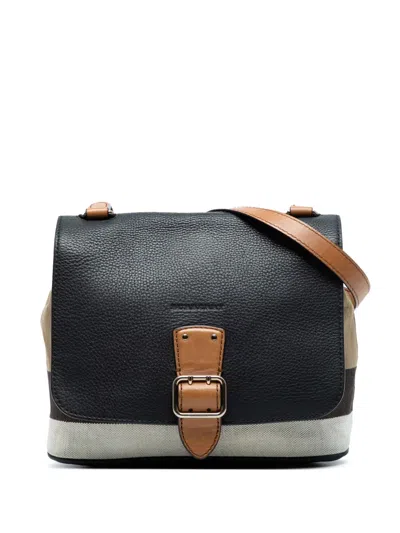 Pre-owned Burberry 2021-2025 Mega Check Canvas And Grainy Calfskin Shellwood Crossbody Bag In Black