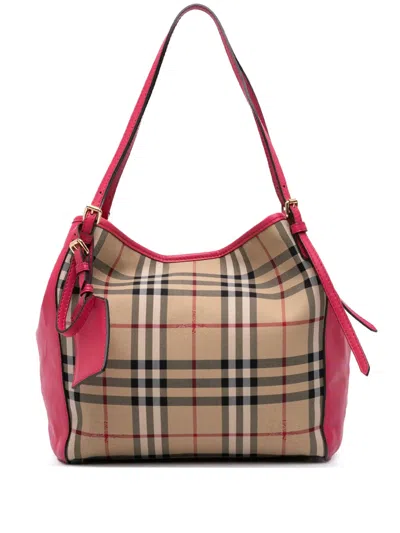 Pre-owned Burberry 2021-2025 Small Haymarket Check Canvas And Leather Canterbury Tote Bag In Brown