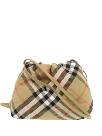Pre-owned Burberry 2023-2026 Supernova Check Nylon Drawstring Pouch Crossbody Bag In Neutral