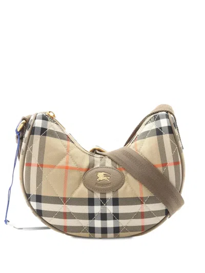 Pre-owned Burberry 2025  Check Quilted Nylon Horseshoe Crossbody Bag In Brown