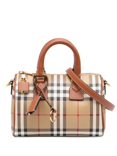 Pre-owned Burberry 2025-2026 Mini House Check Coated Canvas Bowling Bag Satchel In Brown