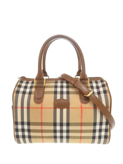 Pre-owned Burberry 20th Century Haymarket Check Canvas Boston Bag Satchel In Neutral