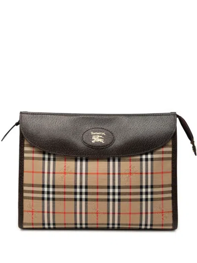 Pre-owned Burberry 20th Century Haymarket Check Canvas Clutch Bag In Neutral