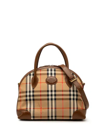 Pre-owned Burberry 20th Century Haymarket Check Canvas Dome Satchel In Neutral