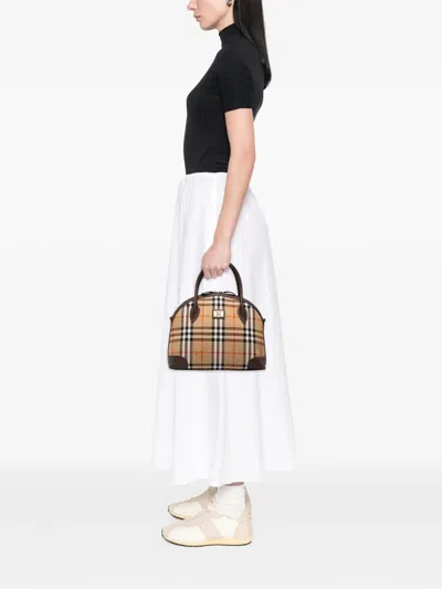 Pre-owned Burberry 20th Century Haymarket Check Canvas Dome Satchel In Neutrals