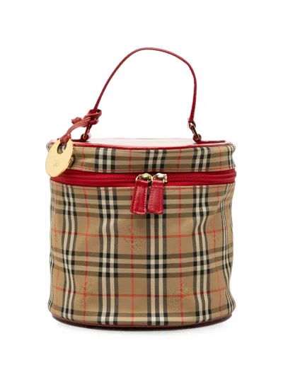 Pre-owned Burberry 20th Century Haymarket Check Canvas Vanity Bag In Red