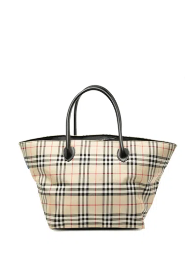 Pre-owned Burberry 20th Century House Check Canvas Tote Bag In Brown