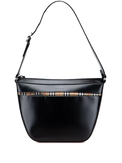 Pre-owned Burberry 20th Century House Check Trimmed Leather Shoulder Bag In Black