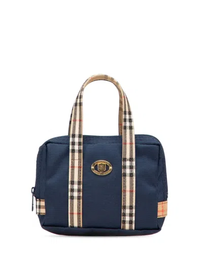 Pre-owned Burberry 20th Century House Check Trimmed Nylon Handbag In Blue