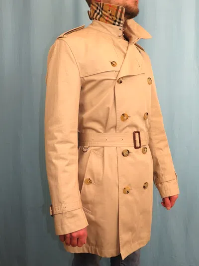 Pre-owned Burberry $2350  Britton Fawn Beige Cotton Check Collar Trench Coat Us 40 Eu 50