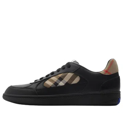 Burberry Men Leather Sneakers With Traditional Check Inserts In Black