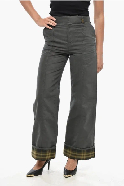 Burberry 4-pocketed Cotton Pants With Tartan Cuff In Gray