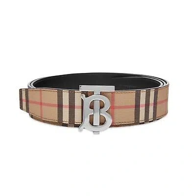 Pre-owned Burberry $580  Tb 35 Beige Check Black Leather Reversible Logo Buckle Belt 90 36