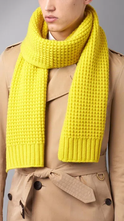Pre-owned Burberry $750 Cashmere Waffle Knitted Scarf Wrap In Yellow