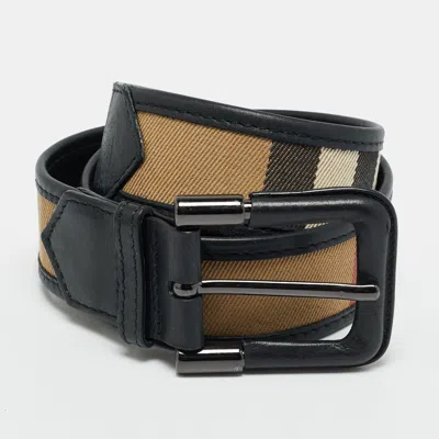 Pre-owned Burberry 80cm Buckle Belt Black/beige Housecheck Canvas And Leather