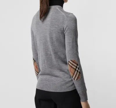 Pre-owned Burberry $830  Bempton Gray Merino Wool Elbow Check Patches Pullover Sweater L