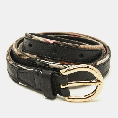 Pre-owned Burberry 85 Cm Slim Buckle Belt Black/beige Leather And House Check Canvas
