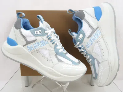 Pre-owned Burberry $850  Sean White Suede Mesh Pale Blue Logo Low Sneakers 41 Us 8 Italy