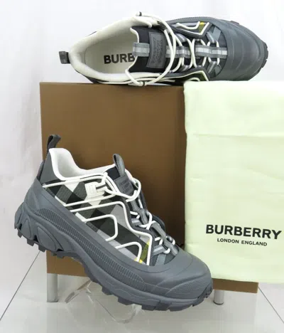 Pre-owned Burberry $950  Arthur Gray Green Check Canvas Rubber Logo Sneakers 44 Us 11 Italy