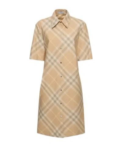 Burberry Check Cotton Shirt Dress In Beige
